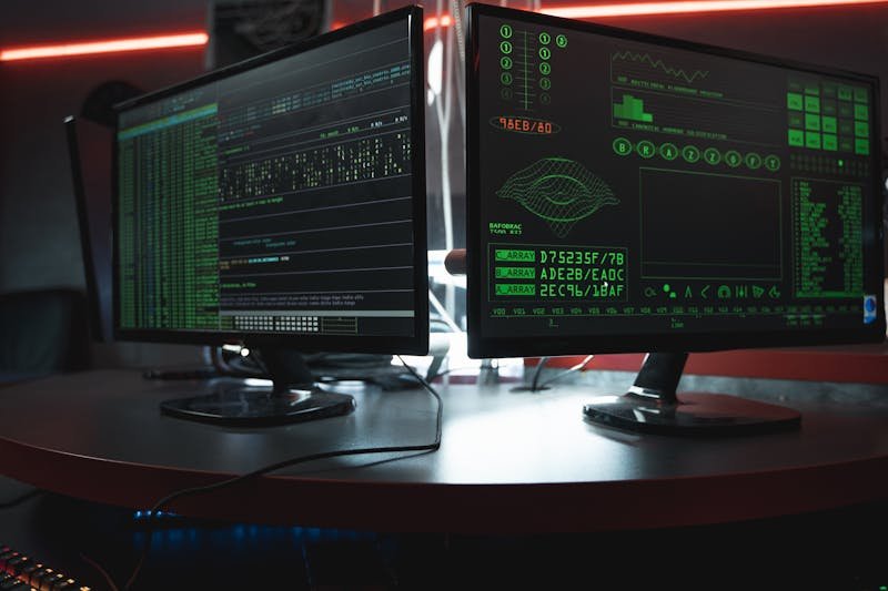 Interface de código verde em monitores duplos em sala escura representando análise de segurança cibernética em terminal