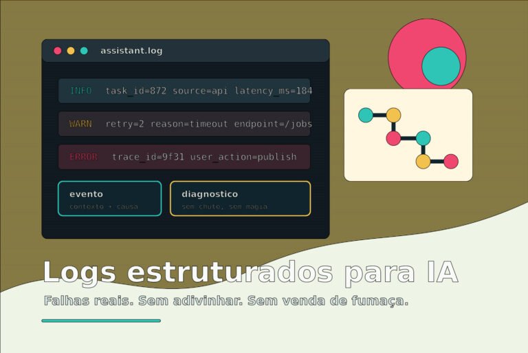 Ilustracao de logs estruturados com eventos, diagnostico e rastreio de falhas para IA