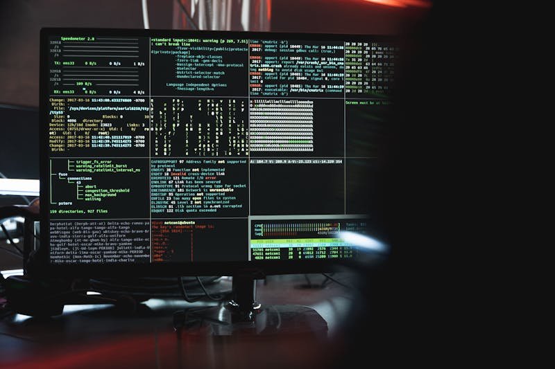 Monitor exibindo dados de segurança cibernética e código de sistema indicando análise de ataques em tempo real
