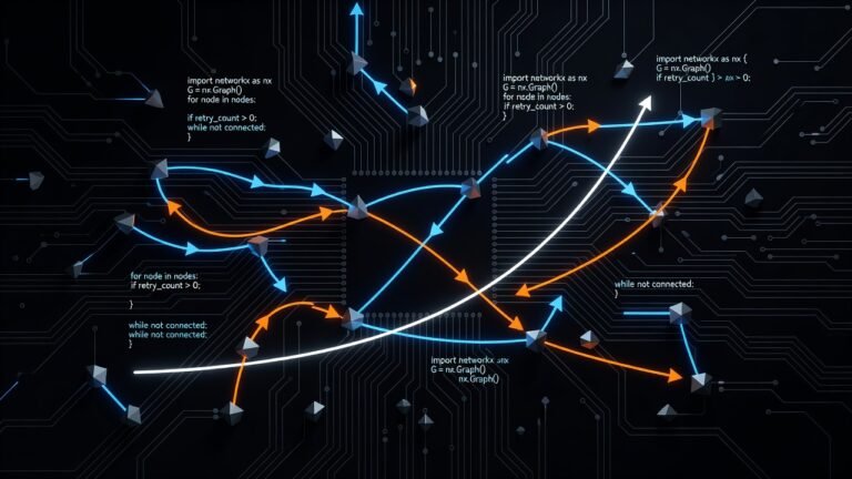 Ilustracao tech com nos conectados por setas de retry e curva exponencial