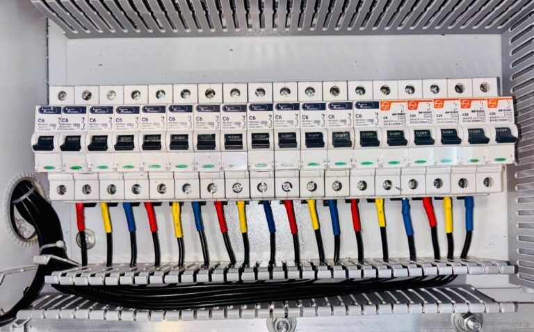 Circuit breaker pattern em Python puro - painel elétrico organizado com fiação colorida representando proteção contra falhas em cascata