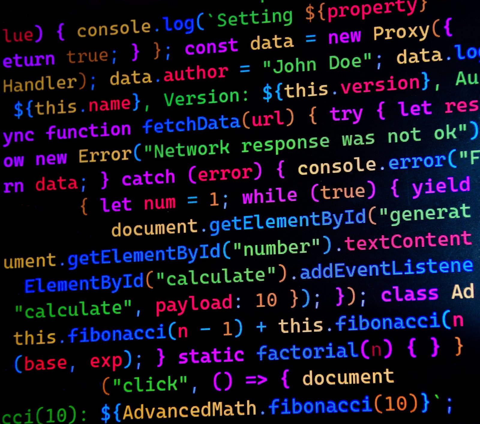 código JavaScript colorido - exemplo de debugging em múltiplas linguagens