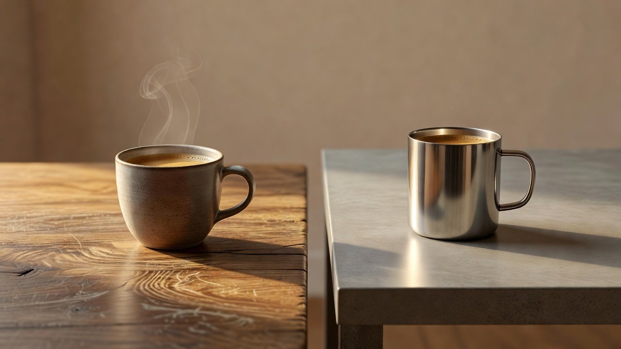 Duas xícaras de café simbolizando conexão humana versus tecnologia