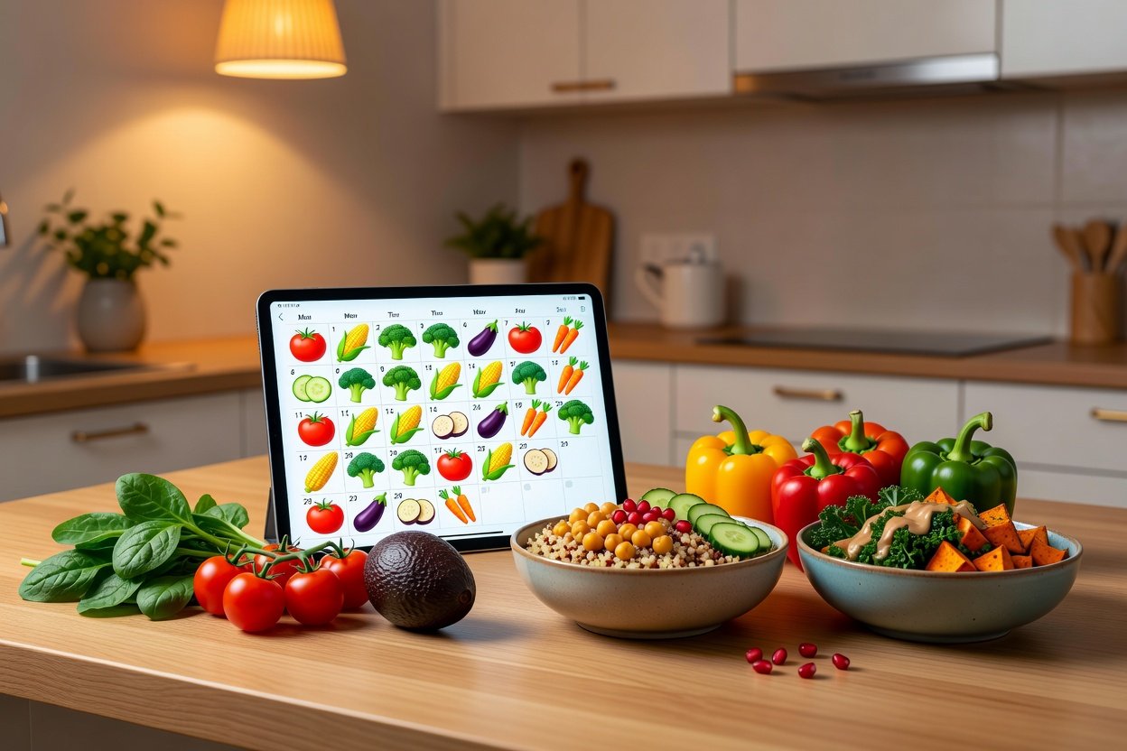 Tablet mostrando planejamento semanal de refeições gerado por inteligência artificial
