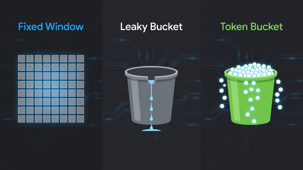 Comparação visual entre Fixed Window, Leaky Bucket e Token Bucket - três algoritmos de rate limiting lado a lado