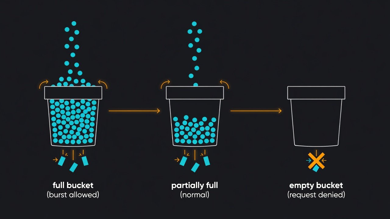 Diagrama visual do algoritmo Token Bucket mostrando três estados: balde cheio (burst permitido), parcialmente cheio (normal) e vazio (requisição negada)