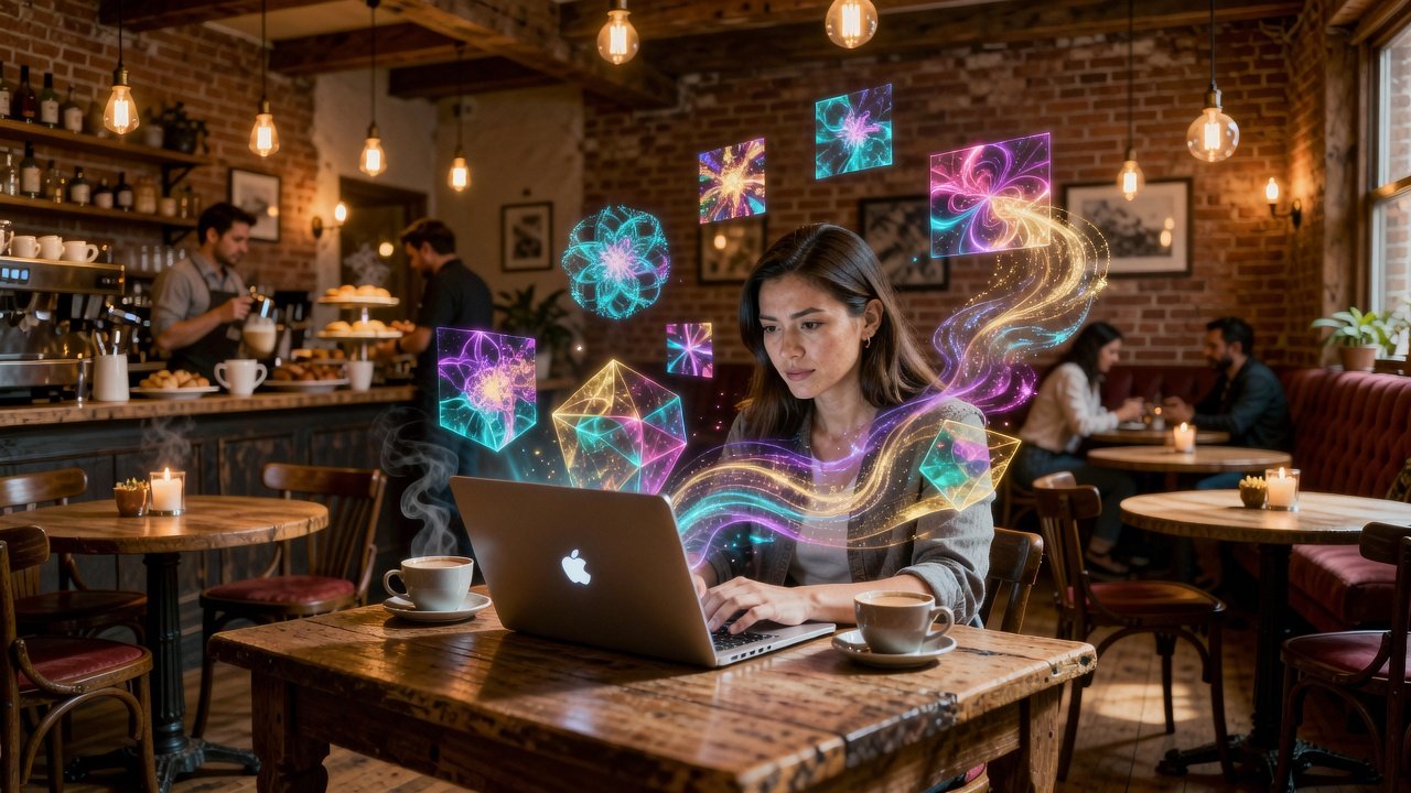 Pessoa criando imagens com IA em um café aconchegante