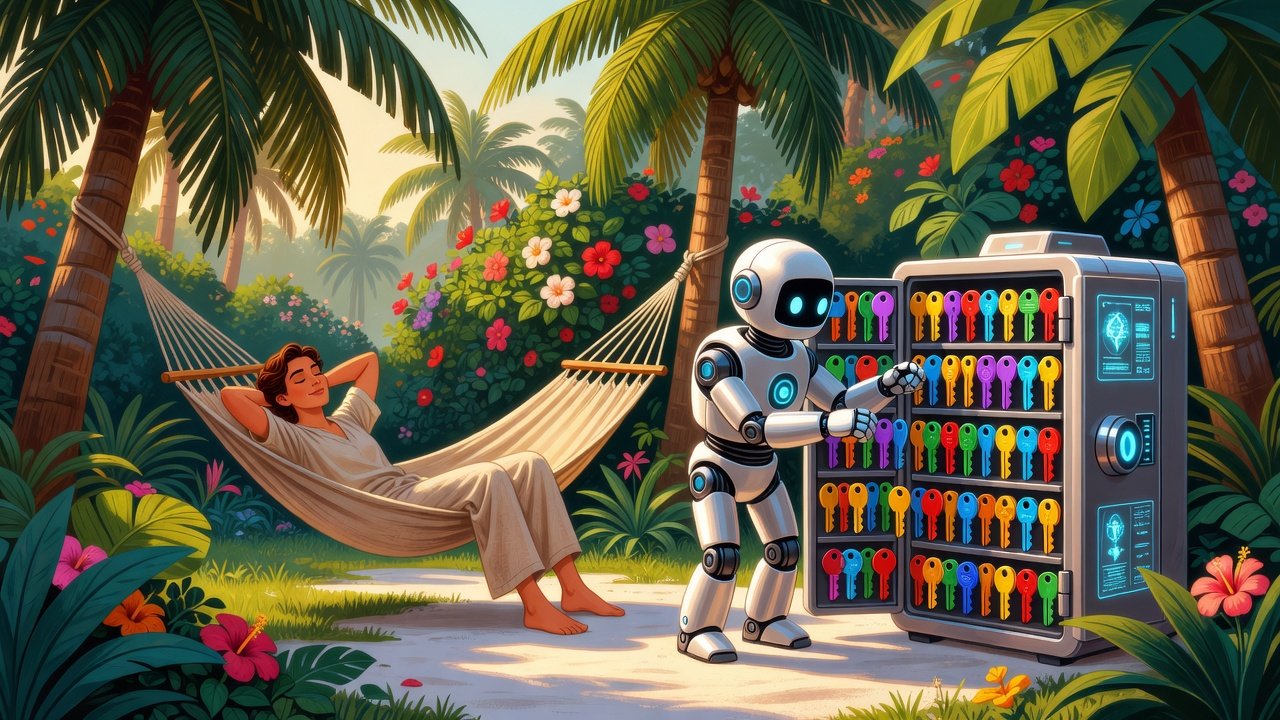 Ilustração de pessoa relaxada enquanto robô organiza chaves coloridas em cofre digital