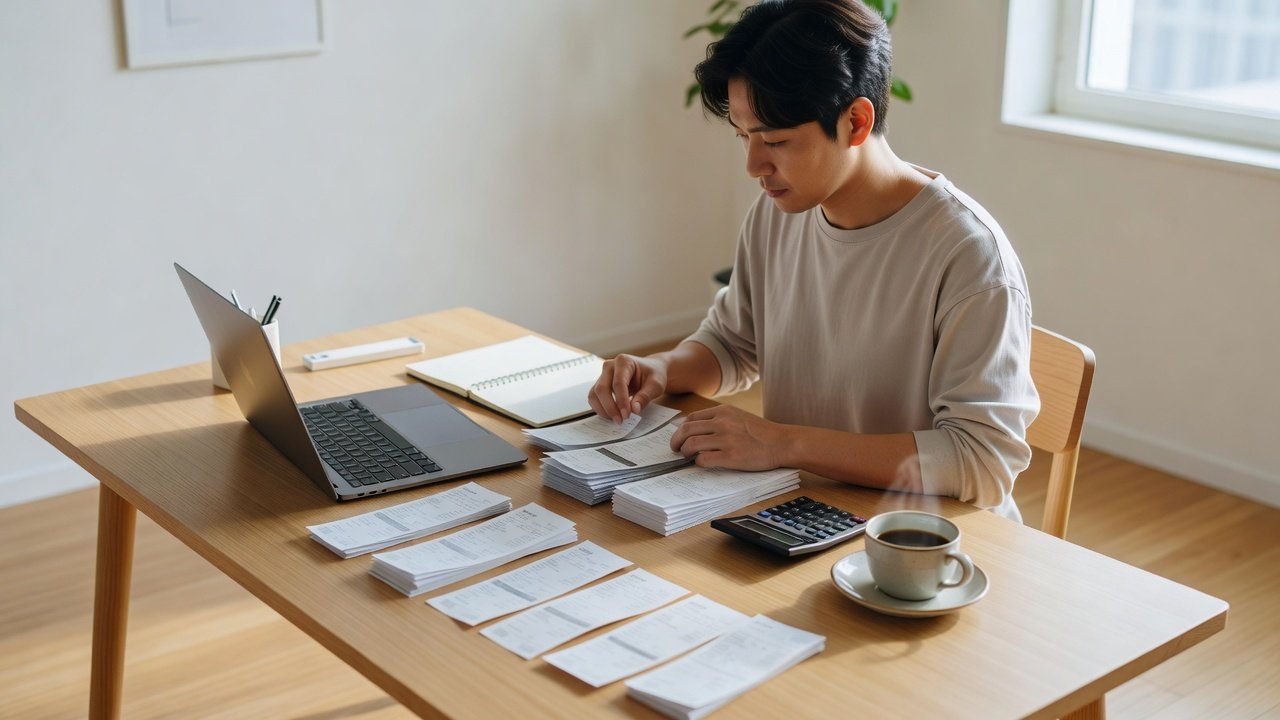 Espaço de trabalho organizado com laptop e materiais para organizar finanças