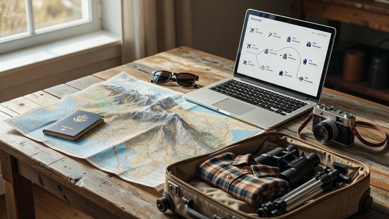 Cena de planejamento de viagem com mapa, mala e laptop