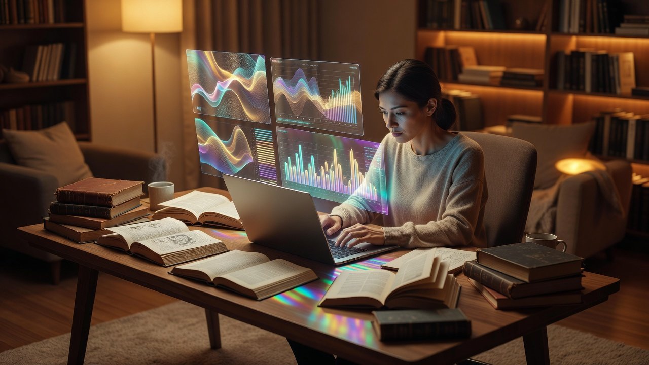 Pessoa estudando com laptop em ambiente moderno com iluminação quente
