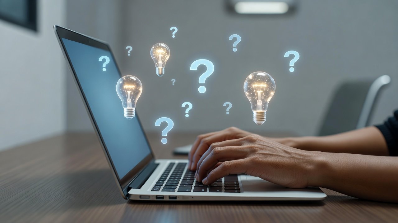 Mãos digitando no teclado com elementos visuais representando método socrático