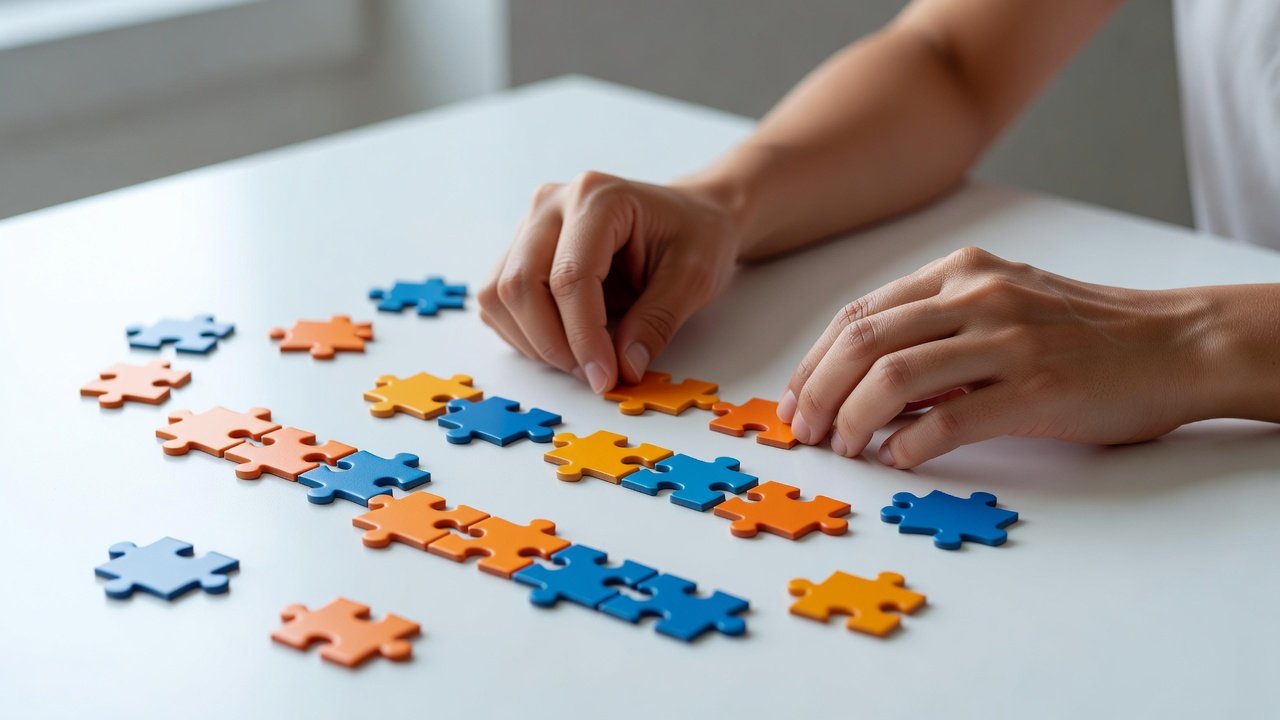 Mãos montando quebra-cabeça colorido representando construção de prompts