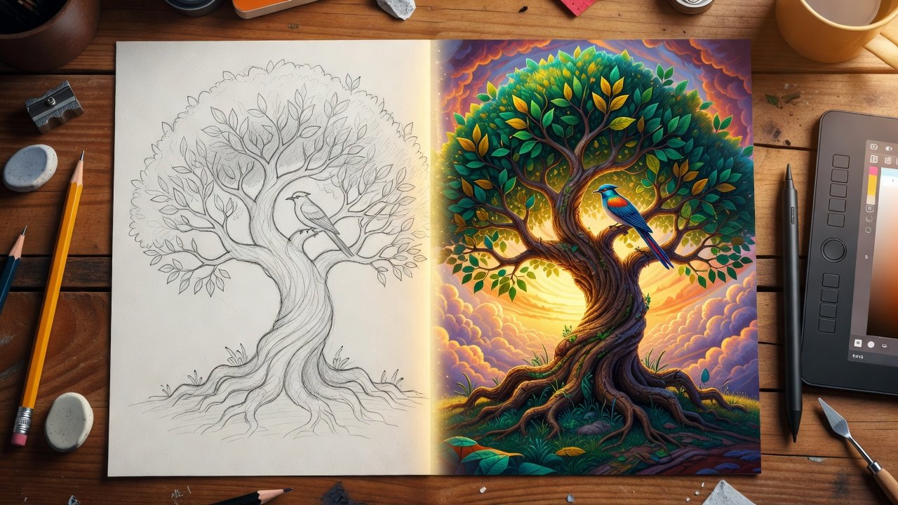 Transformação de um esboço simples em arte digital detalhada
