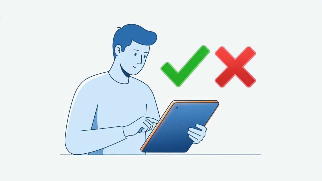 Pessoa verificando informações em dispositivo digital com ícones de confirmação e erro